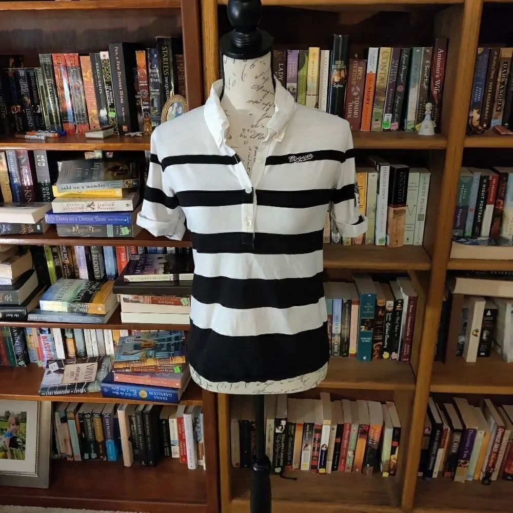 BOGNER black and white stripe bejeweled logo polo golf shirt size 40